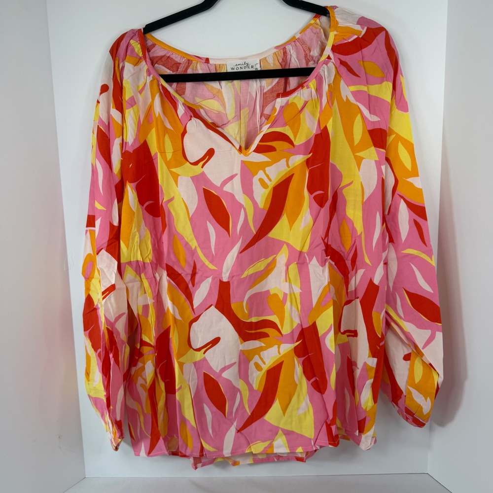 Emily Wonder Womens 1X Pink Orange Tropical V-Neck Rayon Blouse Top Shirt NEW